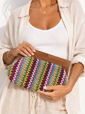 Expressions NYC Rainbow Woven Wood Frame Clutch Boho Resort